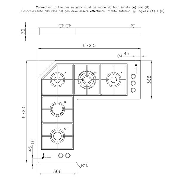 Kochfeld Quadra Winkelförmig